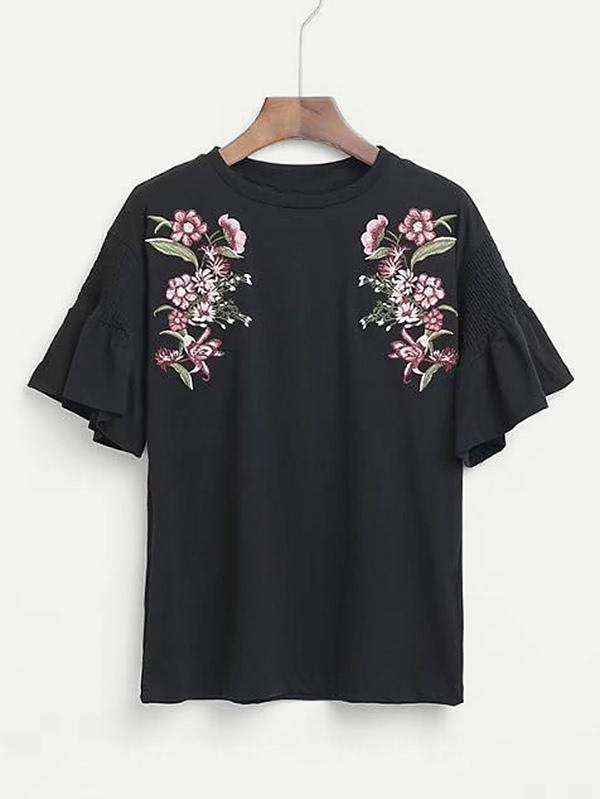 Romwe Ruffle Sleeve Embroidery Tee