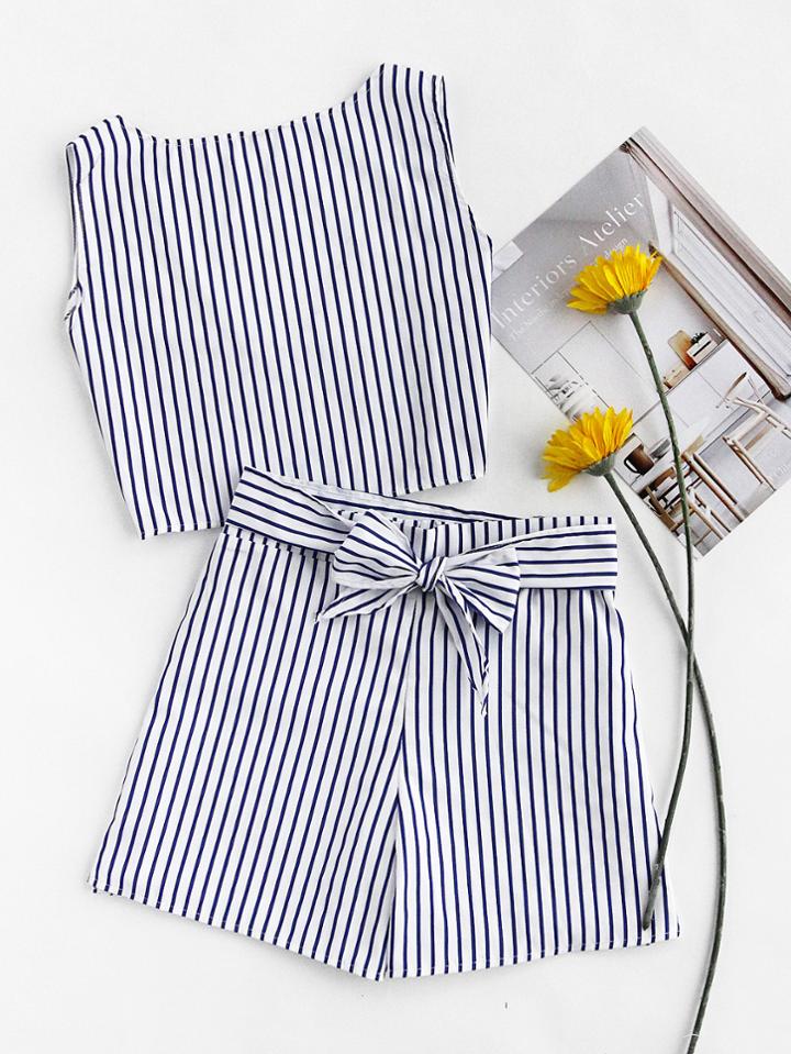 Romwe Vertical Striped Open Back Top With Belt Shorts