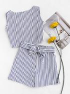 Romwe Vertical Striped Open Back Top With Belt Shorts