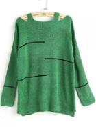 Romwe Striped Open Shoulder Knit Green Sweater