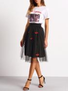 Romwe Black Lips Embroidered Sheer Mesh Skirt