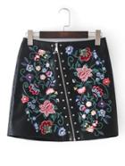 Romwe Oblique Zip Studded Detail Embroidered Skirt