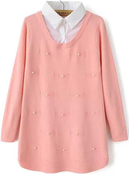 Romwe Contrast Collar Bead Bow Pink Sweater