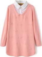 Romwe Contrast Collar Bead Bow Pink Sweater