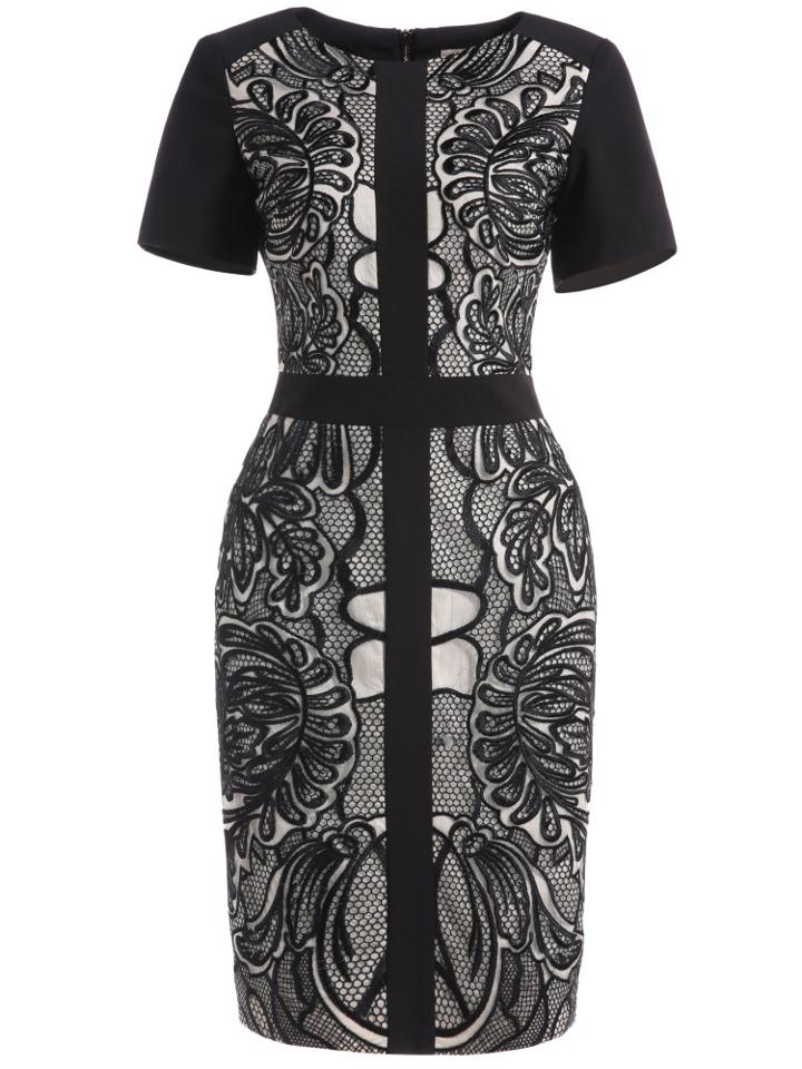 Romwe Black Round Neck Short Sleeve Embroidered Bodycon Dress