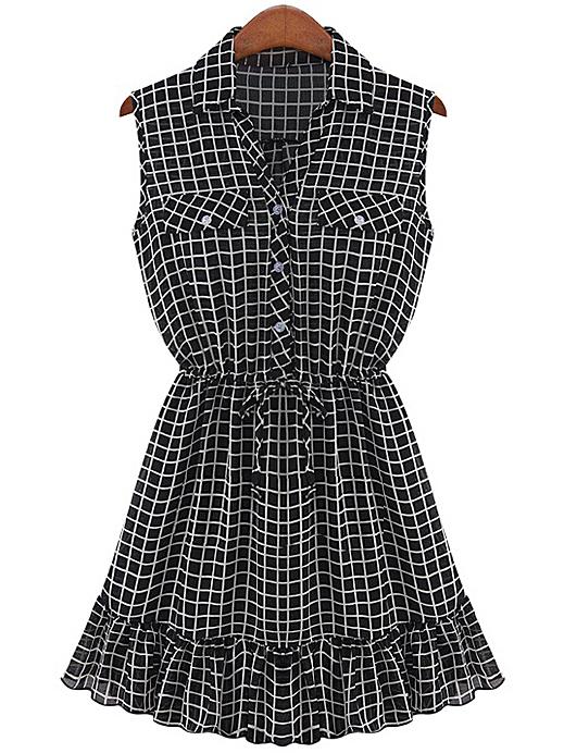 Romwe Dual Pocket Ruffled Hem Grid Dress