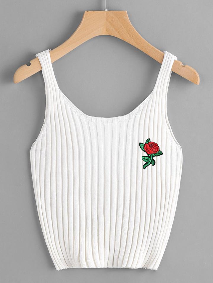 Romwe Rose Embroidered Patch Ribbed Top