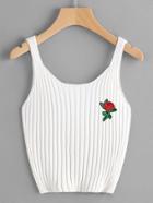 Romwe Rose Embroidered Patch Ribbed Top