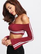 Romwe Bell Sleeve Off Shoulder Striped Crop Tee