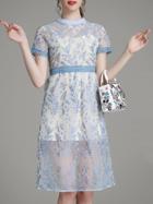 Romwe Blue Gauze Embroidered Sheer Shift Dress
