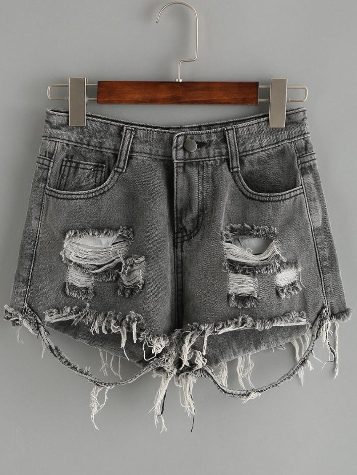 Romwe Grey Ripped Raw Hem Shorts
