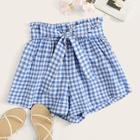 Romwe Belted Paperbag Waist Gingham Shorts