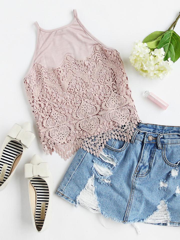 Romwe Lace Panel Slub Cami Top
