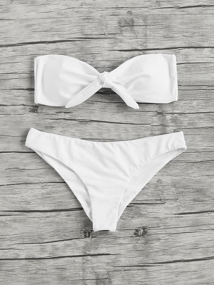 Romwe Knot Front Ruched Detail Bandeau Bikini Set