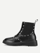Romwe Studded Detail Round Toe Pu Ankle Boots