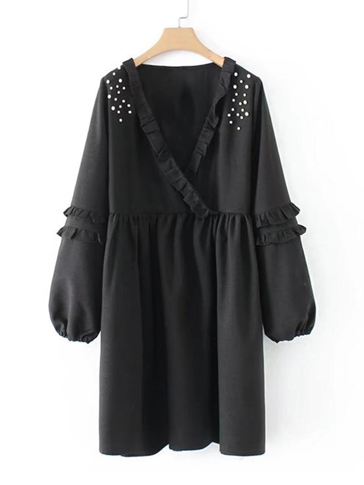 Romwe Faux Pearl Detail Frill Trim Surplice Dress