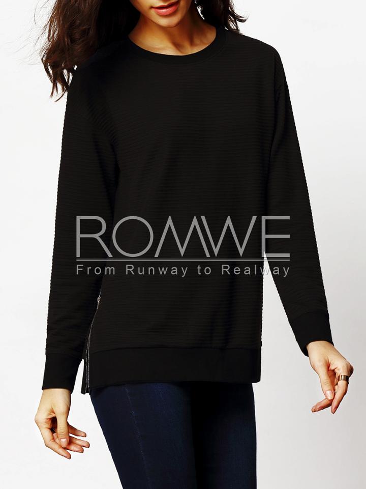 Romwe Black Crew Neck Zipper T-shirt