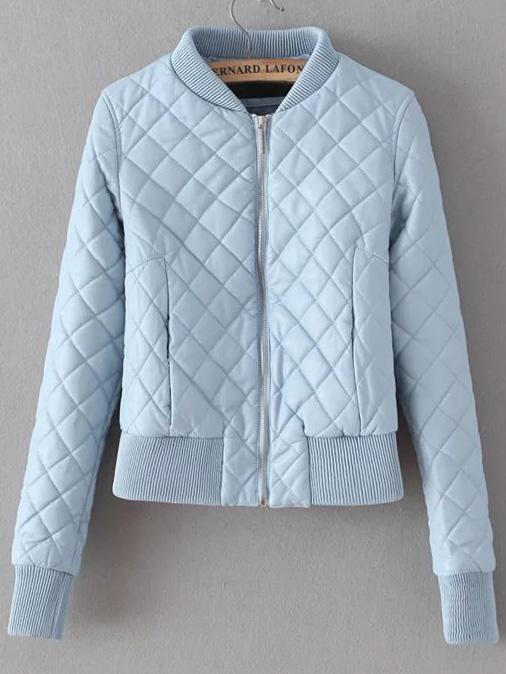Romwe Blue Zipper Quilted Diamond Pu Jacket