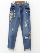Romwe Ripped Frayed Hem Embroidery Jeans
