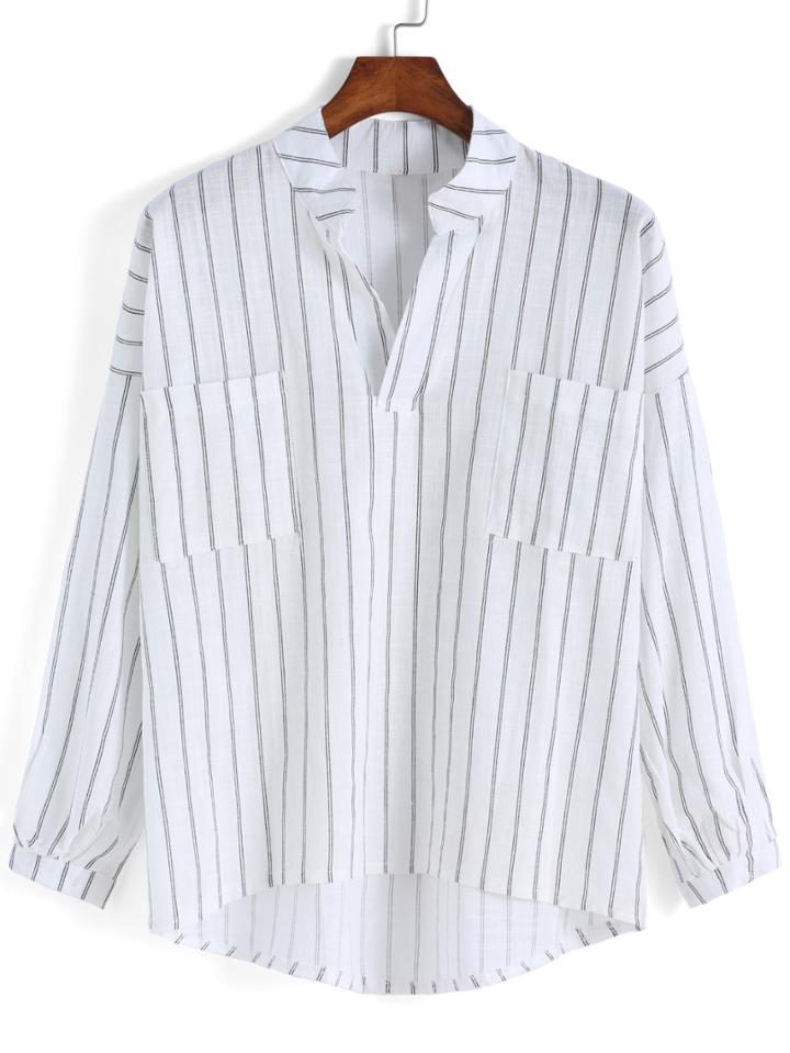 Romwe Dip Hem Vertical Striped Blouse