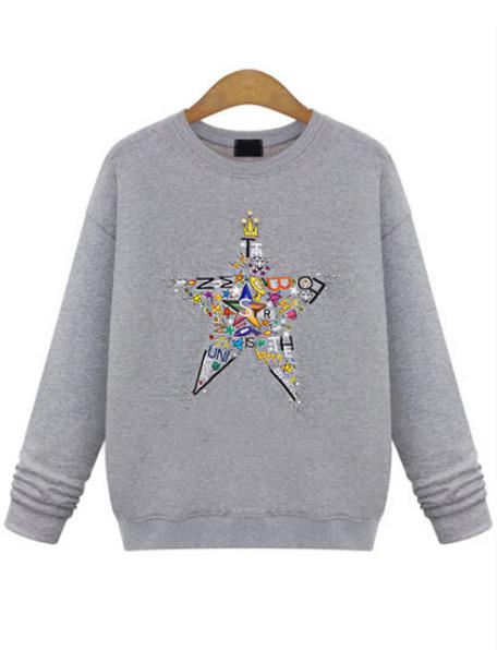 Romwe Star Print Round Neck Grey Sweatshirt