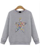 Romwe Star Print Round Neck Grey Sweatshirt