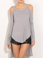 Romwe Grey Off The Shoulder Dip Hem Rib T-shirt