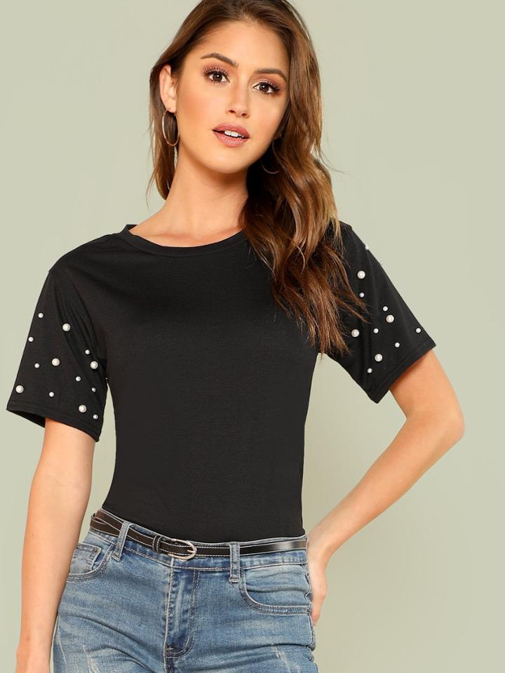 Romwe Pearl Embellished Sleeve Tee