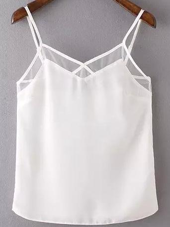 Romwe Spaghetti Strap Mesh Insert White Cami Top