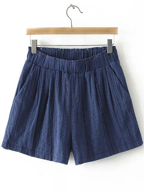 Romwe Navy Pockets Elastic Waist Hollow Embroidery Shorts