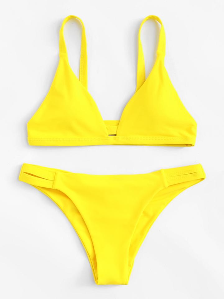 Romwe Caged Back Ruched Detail Bikini Set