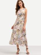 Romwe Multicolor Flower Print Lace-up Chiffon Dress