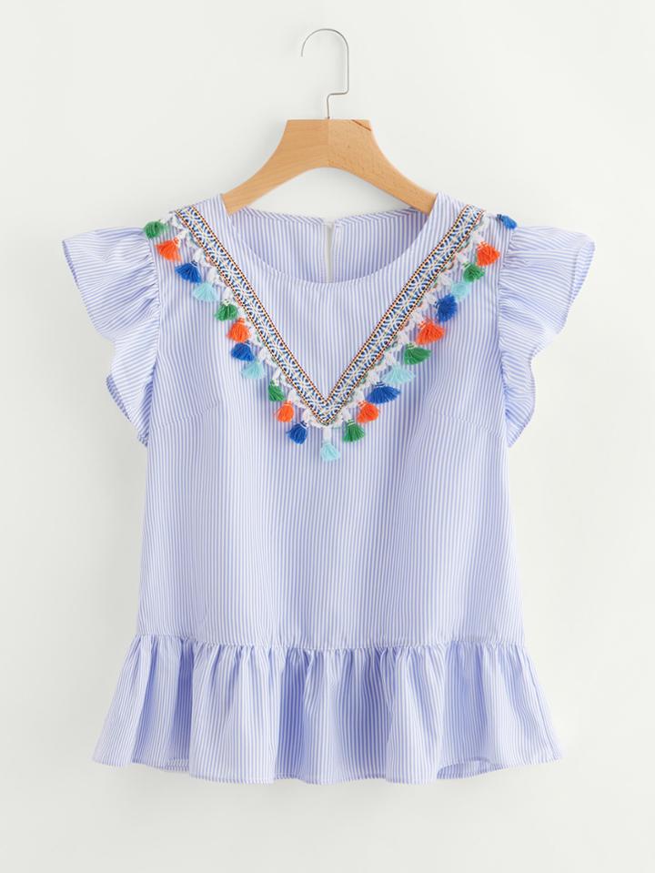 Romwe Tasseled Embroidered Tape Detail Frilled Top