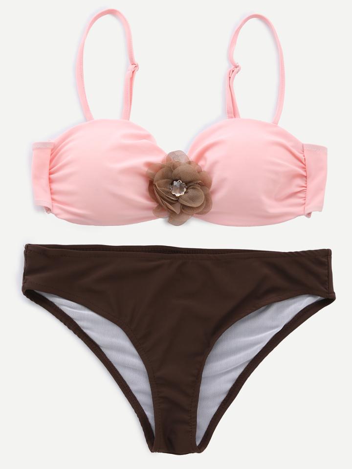 Romwe Pink Color Block Flower Embellished Push Up Bikini Set