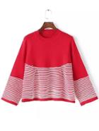 Romwe Bell Sleeve Striped Flare Red Sweater