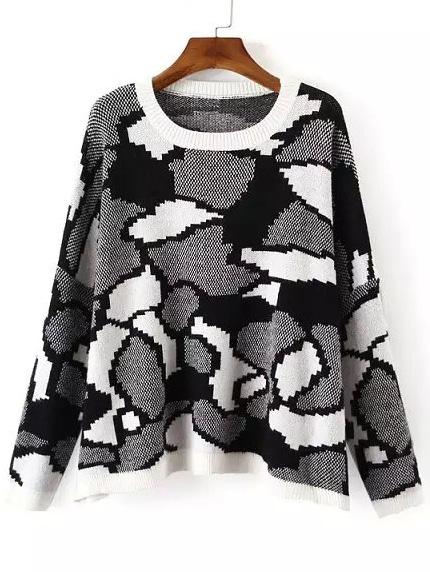 Romwe Geometric Jacquard Black Sweater