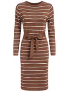 Romwe Round Neck Striped Bow Khaki Sweater Dress