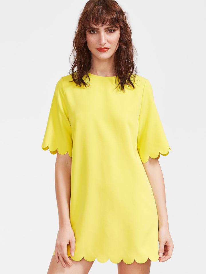 Romwe Yellow Scallop Edge Short Sleeve Dress