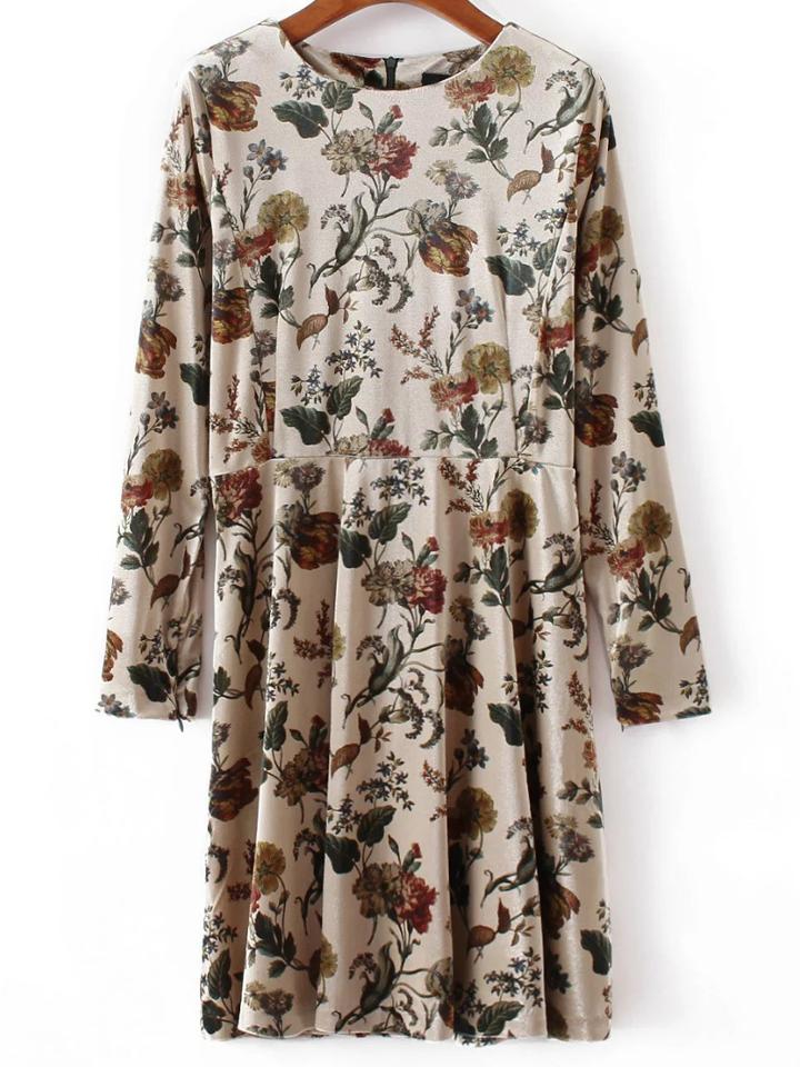 Romwe Apricot Floral Print Velvet Dress