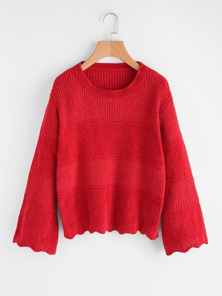 Romwe Fluted Sleeve Mixed Knit Jumper
