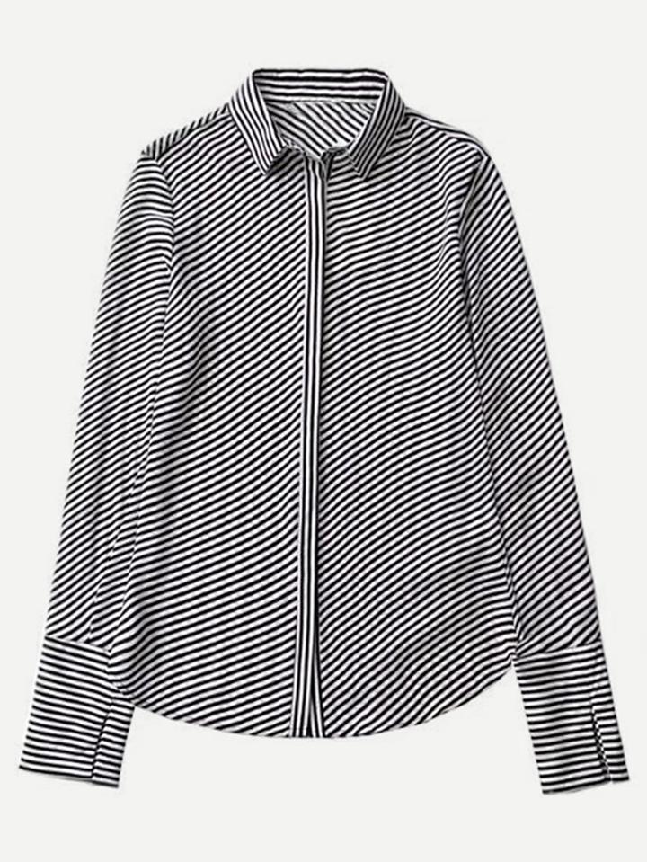 Romwe Curved Hem Striped Blouse