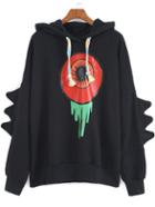 Romwe Hooded Eye Print Black Sweatshirt