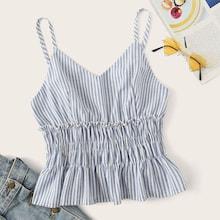 Romwe Striped Shirred Ruffle Hem Cami Top
