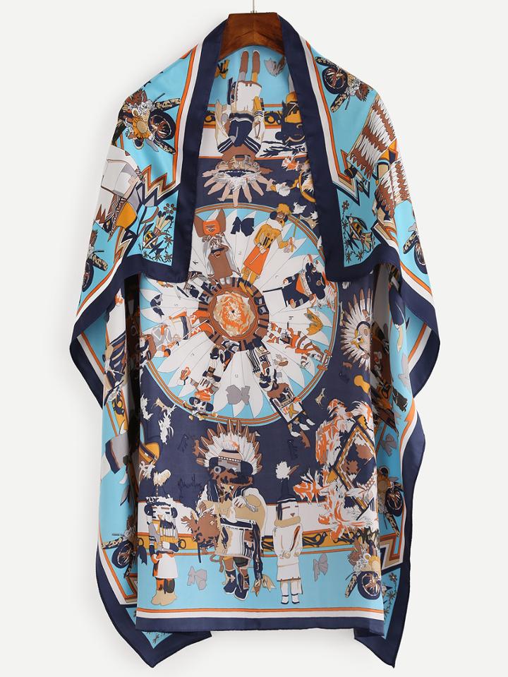 Romwe Navy Myth Hopi Doll Print Square Scarf