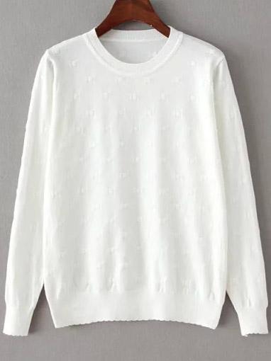 Romwe Round Neck Dotted Crochet White Sweater
