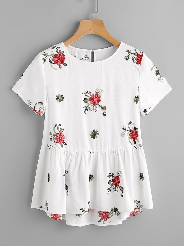 Romwe Flower Embroidered Keyhole Back Smock Top