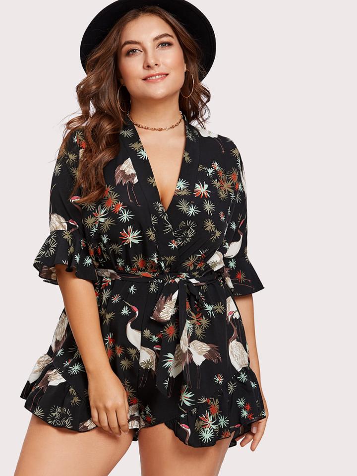 Romwe Frill Cuff Surplice Wrap Romper