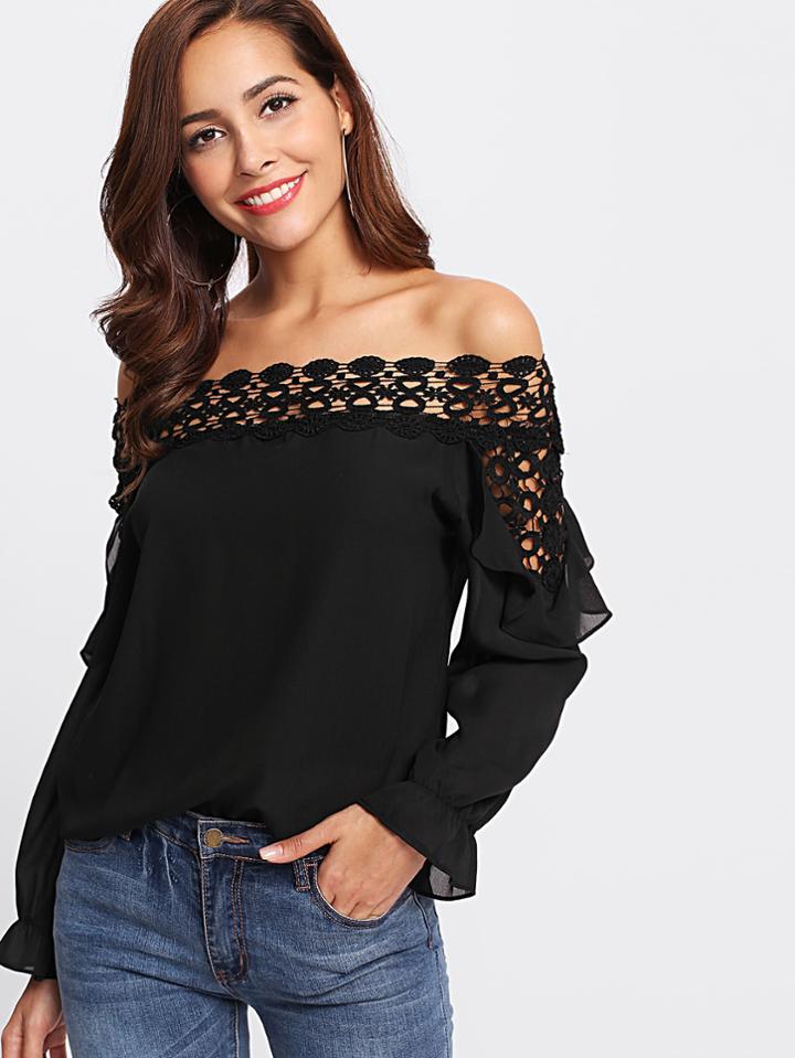 Romwe Hollow Out Crochet Insert Frill Top