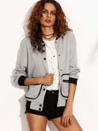 Romwe Grey Contrast Trim Binding Pocket Button Up Baseball Jacket