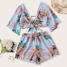Romwe Tropical Tie Back Top & Pompom Trim Shorts